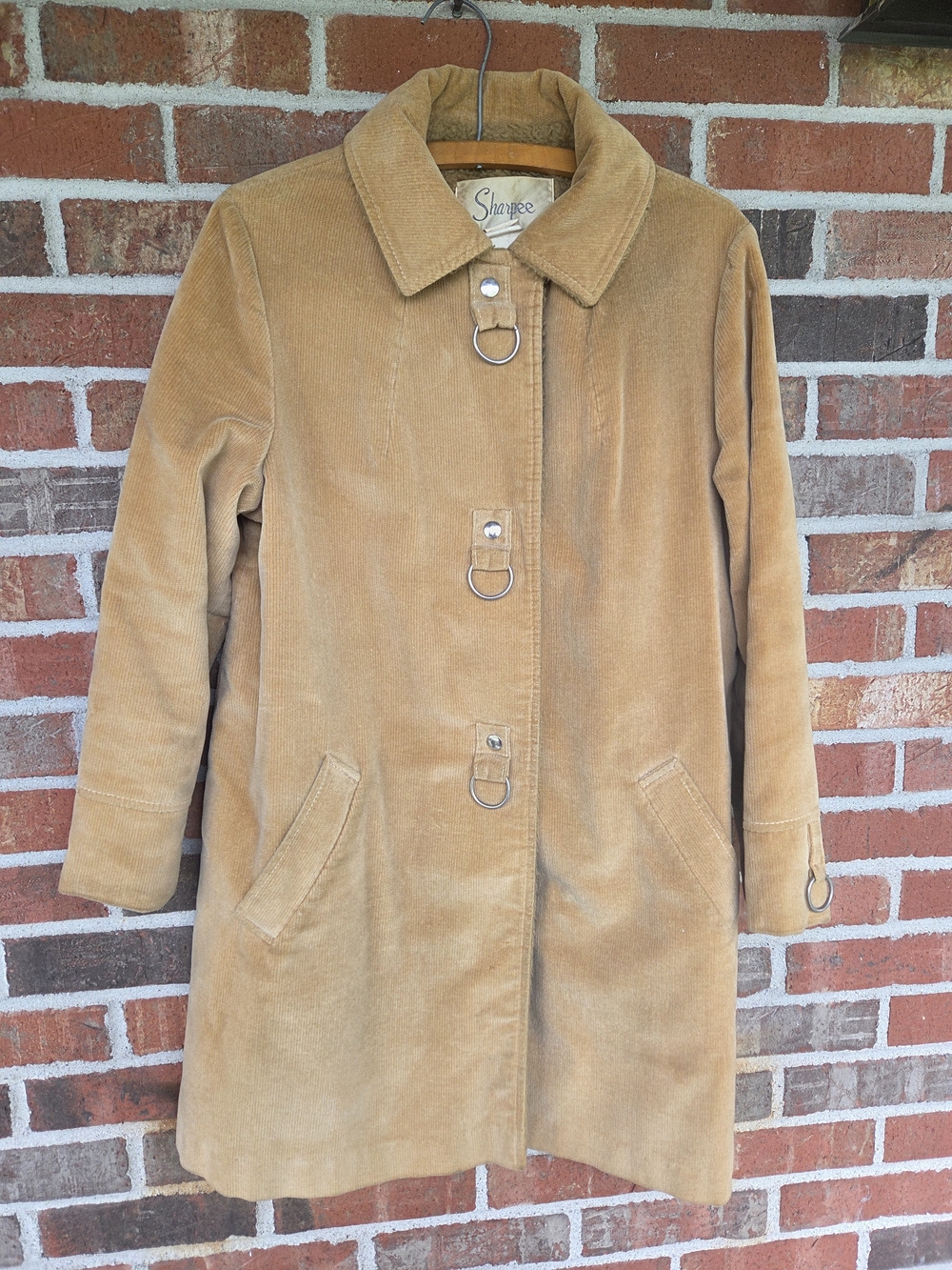 Vintage Sharpe Ranch Style Camel Colored Corduroy Coat with Ring-Detail Sherpa